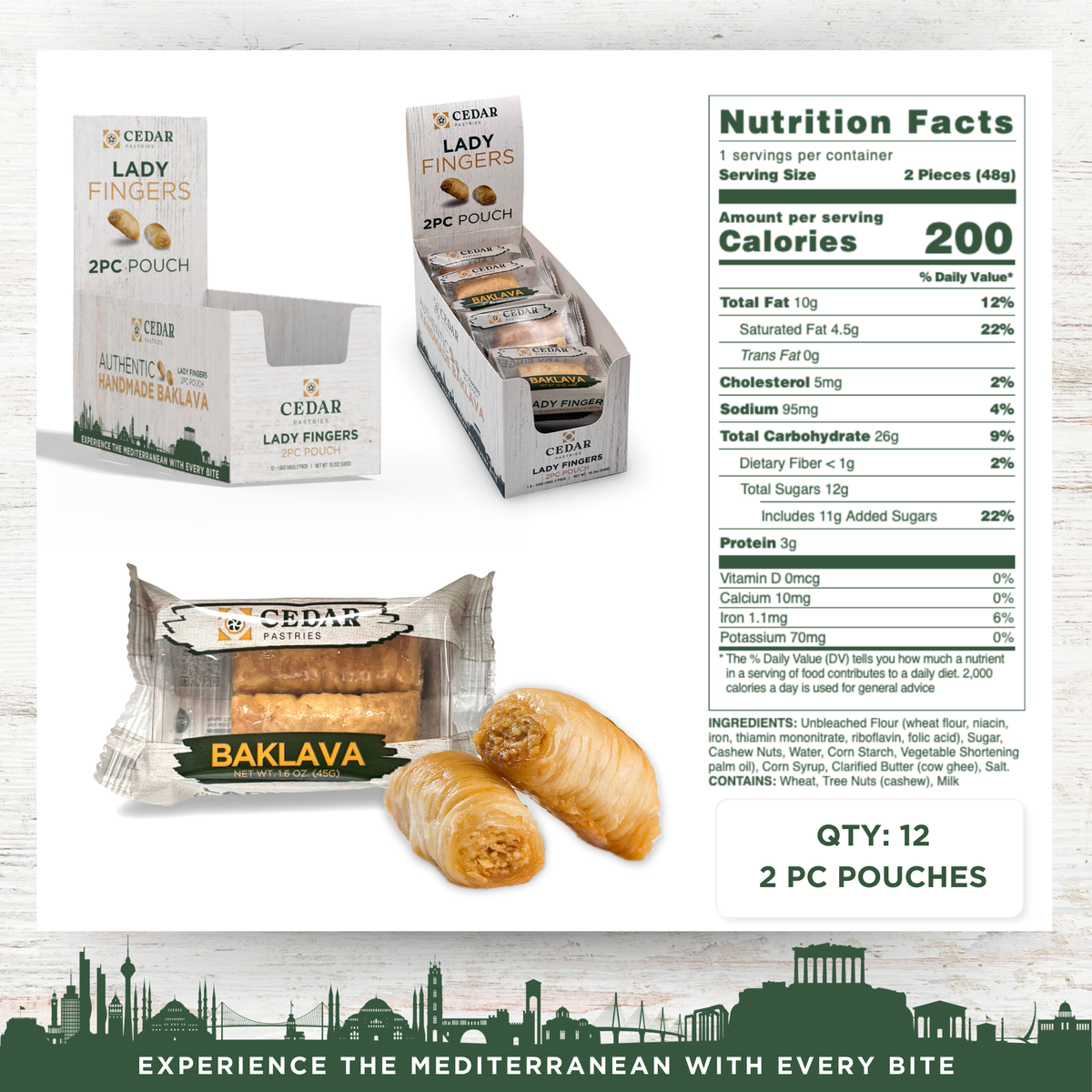 cedar pastries on the go 2 pack cashew baklava in a case of 12 nutritional facts